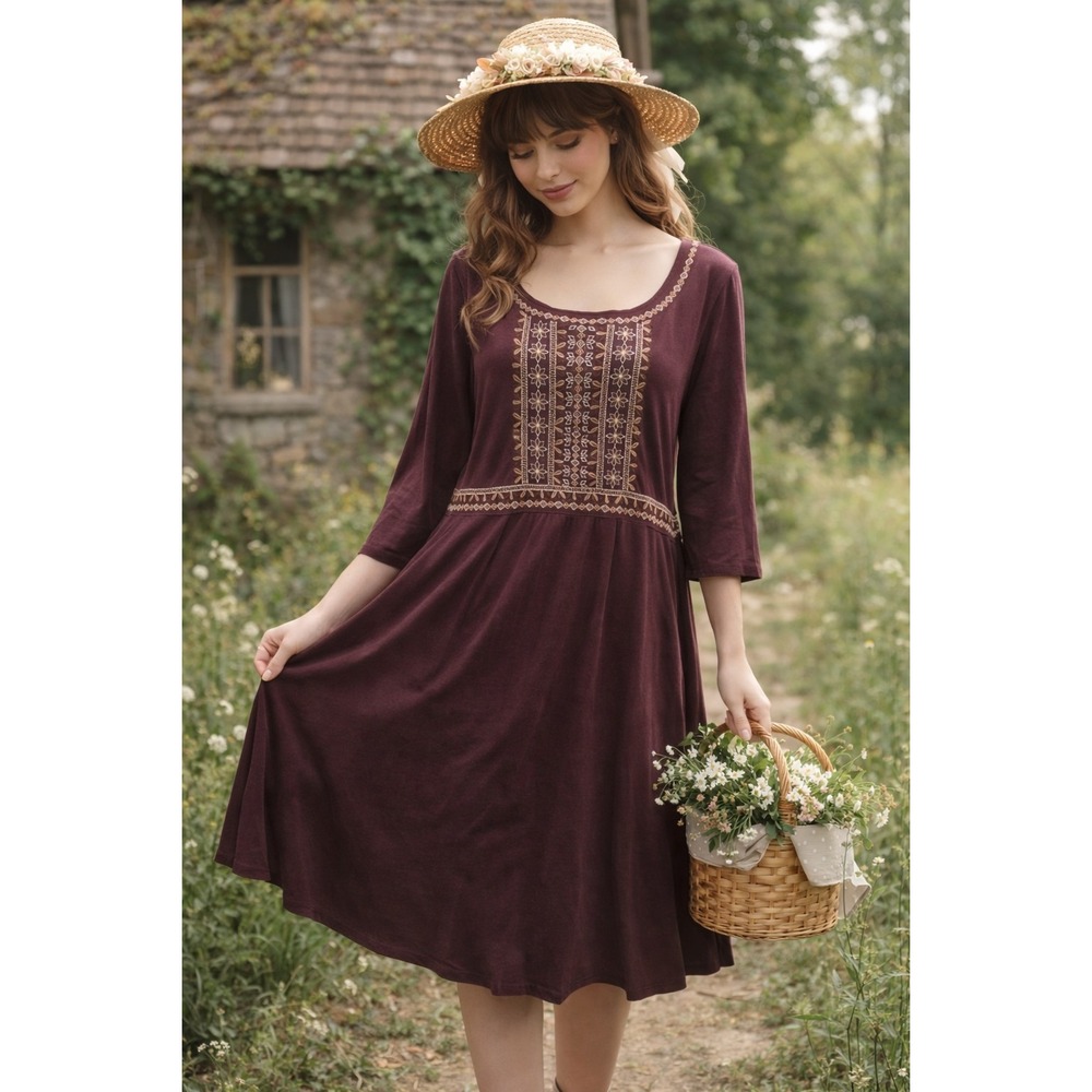 Garnet Hill Purple Embroidered Bodice Jersey Knit Pockets Dress Fairy Cottage XL